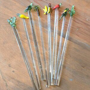 Mexican Hand Blown Tropical Glass Stir Sticks - Set of 8 - New